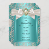 エレガントバースデーパーティーティール(緑がかった色)ダマスクパールクリーム2 招待状 (正面/裏面)