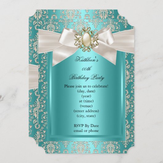 エレガントバースデーパーティーティール（緑がかった色）ダマスクパールクリーム2 招待状 (正面/裏面)