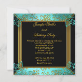 エレガントバースデーパーティーティール(緑がかった色)ブラック金ゴールドダマスク 招待状 (正面)