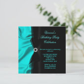 エレガントバースデーパーティーティール（緑がかった色）ブルーシルクブラック 招待状 (スタンド正面)