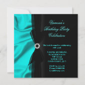 エレガントバースデーパーティーティール（緑がかった色）ブルーシルクブラック 招待状 (正面)