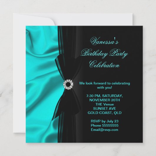 エレガントバースデーパーティーティール（緑がかった色）ブルーシルクブラック 招待状 (正面)