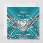 エレガントバースデーパーティーティール（緑がかった色）ブルーシルバーダイヤモンド 招待状 (正面)