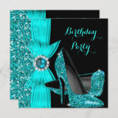 エレガントバースデーパーティーティール(緑がかった色)ブルーハイヒールシルク 招待状 (正面/裏面)