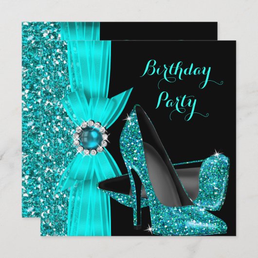 エレガントバースデーパーティーティール（緑がかった色）ブルーハイヒールシルク 招待状 (正面/裏面)