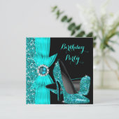 エレガントバースデーパーティーティール(緑がかった色)ブルーハイヒールシルク 招待状 (スタンド正面)