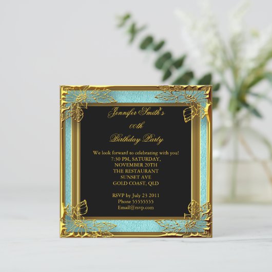 エレガントバースデーパーティーティール（緑がかった色）ブルーブラック金ゴールド 招待状 (スタンド正面)