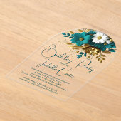 エレガントバースデーパーティーティール（緑がかった色）ホワイト金ゴールド花 アクリル招待状 (レイダウン)