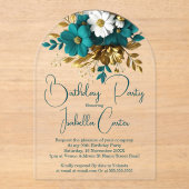 エレガントバースデーパーティーティール（緑がかった色）ホワイト金ゴールド花 アクリル招待状 (正面)
