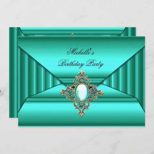 エレガントバースデーパーティーティール(緑がかった色)宝石財布ルック 招待状 (正面/裏面)