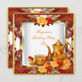 エレガントバースデーパーティーティーレッド金ゴールドオレンジバラ 招待状 (正面/裏面)