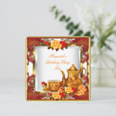 エレガントバースデーパーティーティーレッド金ゴールドオレンジバラ 招待状 (スタンド正面)