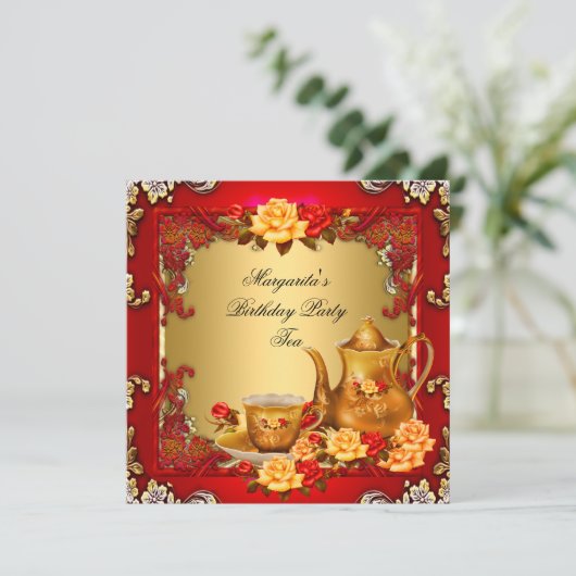 エレガントバースデーパーティーティーレッド金ゴールドバラ 招待状 (スタンド正面)