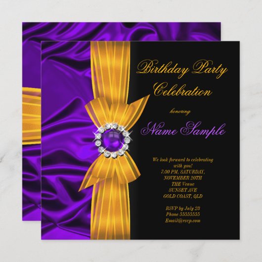 エレガントバースデーパーティーパープルシルクイエローオレンジ2 招待状 (正面/裏面)