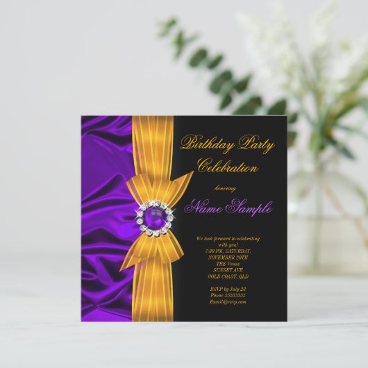 エレガントバースデーパーティーパープルシルクイエローオレンジ2 招待状 (スタンド正面)