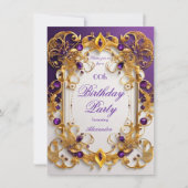 エレガントバースデーパーティーパープルジュエルホワイト金ゴールド 招待状 (正面)