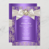 エレガントバースデーパーティーパープルダマスパールクリーム 招待状 (正面/裏面)
