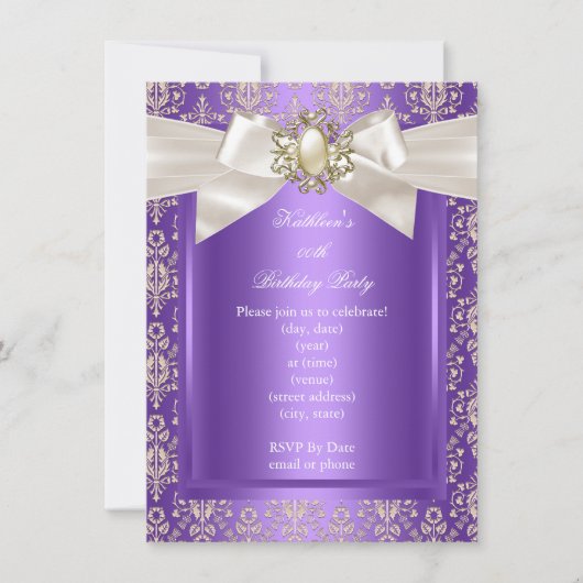 エレガントバースデーパーティーパープルダマスパールクリーム 招待状 (正面)