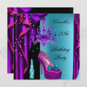 エレガントバースデーパーティーパープルティール（緑がかった色）ブラックリップスティック 招待状 (正面/裏面)