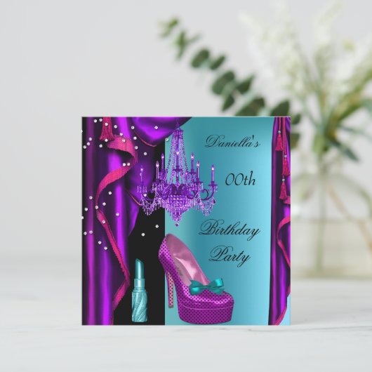 エレガントバースデーパーティーパープルティール（緑がかった色）ブラックリップスティック 招待状 (スタンド正面)