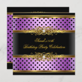 エレガントバースデーパーティーパープルピンクブラック金ゴールドスポット 招待状 (正面/裏面)