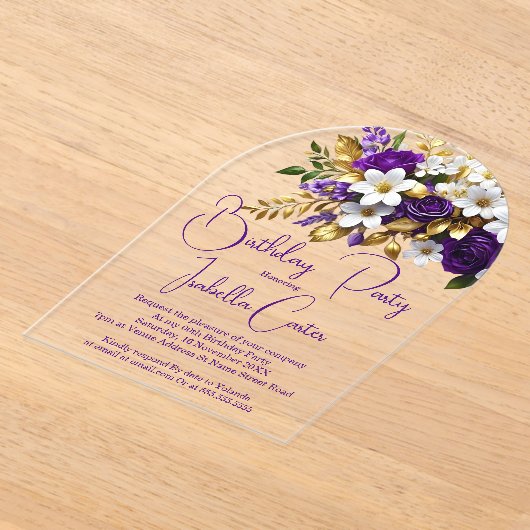 エレガントバースデーパーティーパープルホワイト金ゴールドフローラ アクリル招待状 (レイダウン)