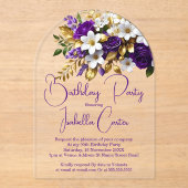 エレガントバースデーパーティーパープルホワイト金ゴールドフローラ アクリル招待状 (正面)