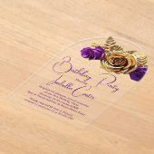 エレガントバースデーパーティーパープル金ゴールド花 アクリル招待状 (レイダウン)