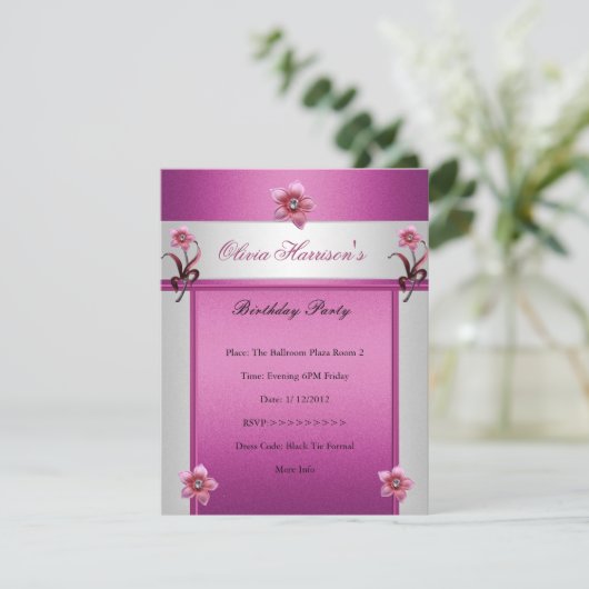 エレガントバースデーパーティーピンクホワイトフローラ 招待状 (スタンド正面)