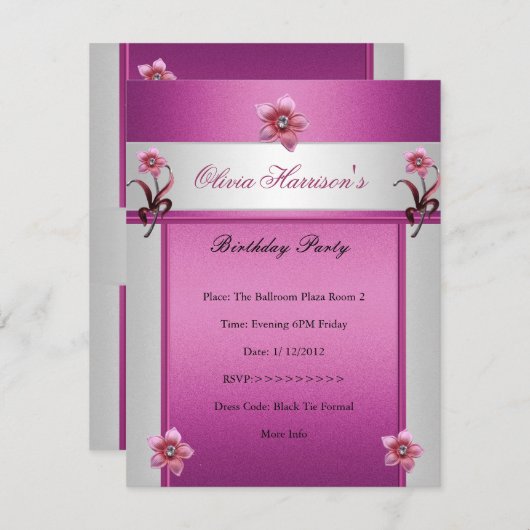 エレガントバースデーパーティーピンクホワイトフローラ 招待状 (正面/裏面)