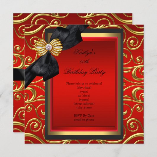 エレガントバースデーパーティーブラックダマスクレッド金ゴールド 招待状 (正面/裏面)