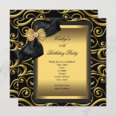 エレガントバースデーパーティーブラックダマスク金ゴールド 招待状 (正面/裏面)
