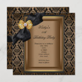 エレガントバースデーパーティーブラックダマスコーヒ金ゴールド 招待状 (正面/裏面)