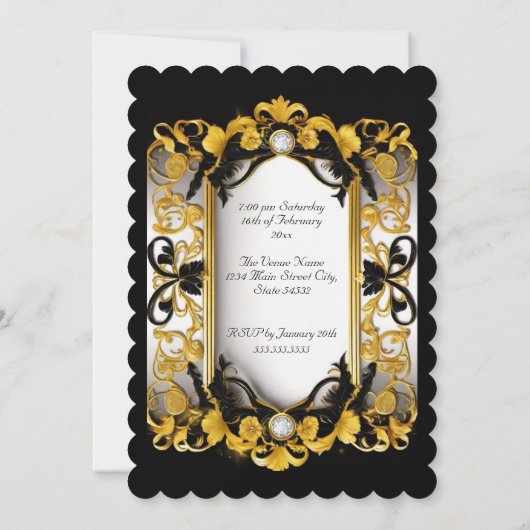 エレガントバースデーパーティーブラックフローラダイヤモンド金ゴールド 招待状 (裏面)