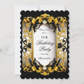 エレガントバースデーパーティーブラックフローラダイヤモンド金ゴールド 招待状 (正面)