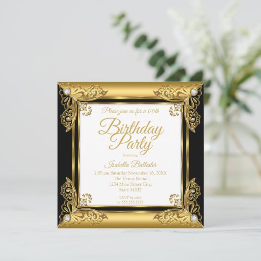 エレガントバースデーパーティーブラック華美金ゴールドダイヤモンド 招待状 (スタンド正面)