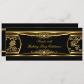 エレガントバースデーパーティーブラック金ゴールドダマスク 招待状 (正面/裏面)