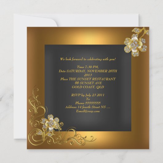 エレガントバースデーパーティーブラック金ゴールドフラワー 招待状 (裏面)
