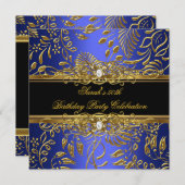 エレガントバースデーパーティーブルーブラック金ゴールドダマスク 招待状 (正面/裏面)