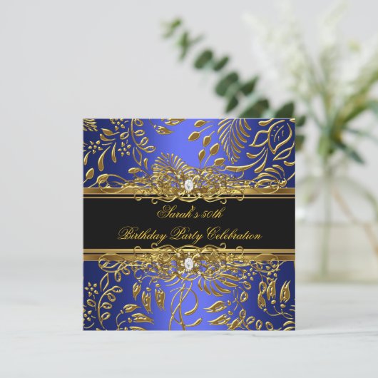 エレガントバースデーパーティーブルーブラック金ゴールドダマスク 招待状 (スタンド正面)