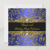 エレガントバースデーパーティーブルーブラック金ゴールドダマスク 招待状 (正面)