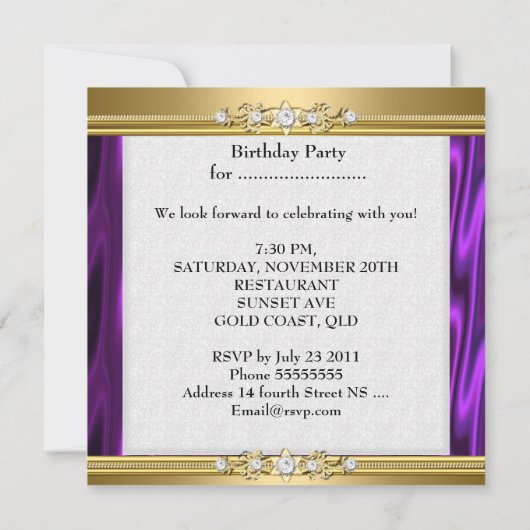エレガントバースデーパーティーマゼンタパープルピンク金ゴールド 招待状 (裏面)