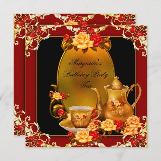 エレガントバースデーパーティーヴィンテージティーレッド金ゴールドバラ 招待状 (正面/裏面)