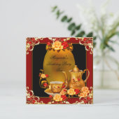 エレガントバースデーパーティーヴィンテージティーレッド金ゴールドバラ 招待状 (スタンド正面)