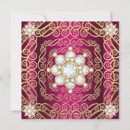 エレガントバースデーパーティー深いピンク金ゴールドダイヤモンドジェム 招待状 (裏面)