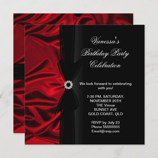エレガントバースデーパーティー深いレッドシルクブラック 招待状 (正面/裏面)