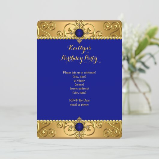 エレガントバースデーパーティー王室のブルーダマスク金ゴールドR 招待状 (スタンド正面)