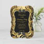 エレガントバースデーパーティー金ゴールドゴールデンブラックフローラ 招待状 (スタンド正面)