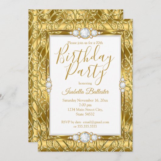 エレガントバースデーパーティー金ゴールドダイヤモンドジェム 招待状 (正面/裏面)