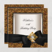 エレガントバースデーパーティー金ゴールドヒョウ黒クリーム 招待状 (正面/裏面)